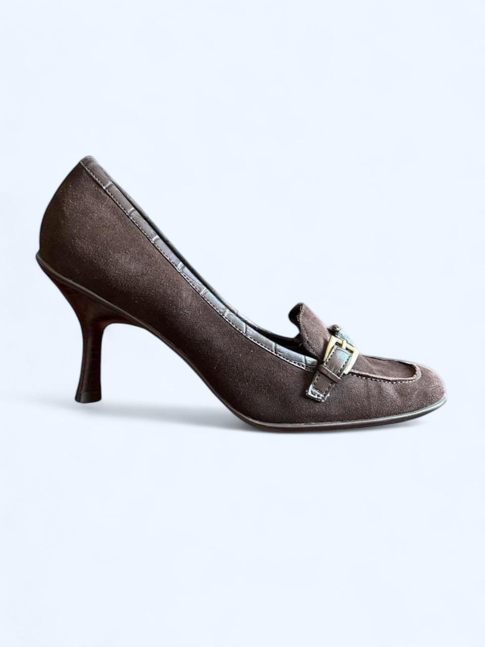 Brown Genuine Leather Loafer Kitten Heels